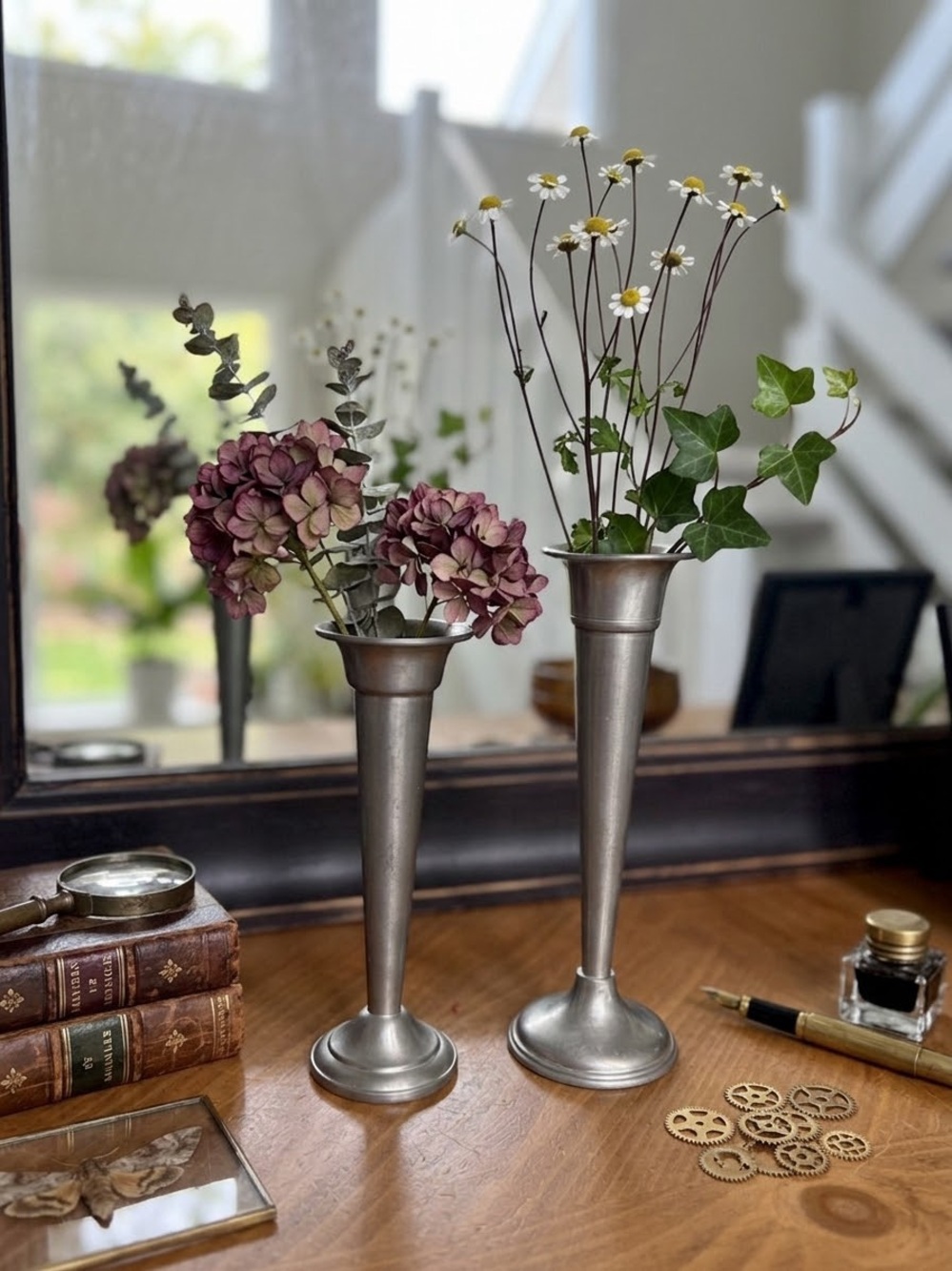 Moody Vintage Dark Academia Web/Preisner Pewter Trumpet Bud Vases/Set of 2